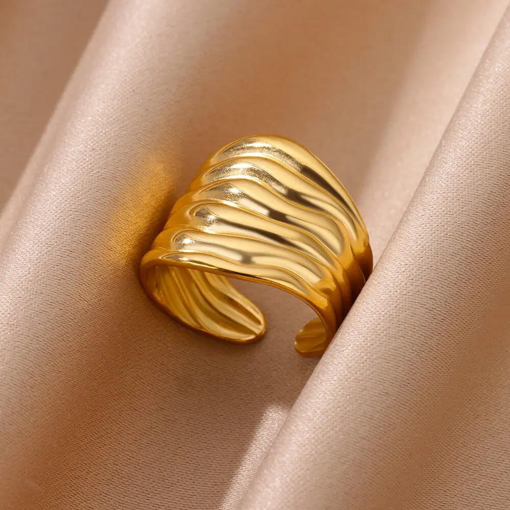Retro Irregular Geometric Chunky Opening Rings for Women Stainless Steel Gold Color Ring Aesthetic Wedding Waterproof Jewelry
