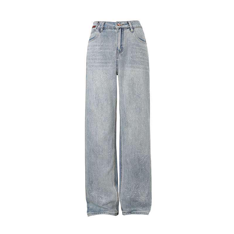 High-Waisted Rhinestone Wide-Leg Jeans for Women – Spring Loose, Drapey, Slimming, Floor-Length Versatile Pants