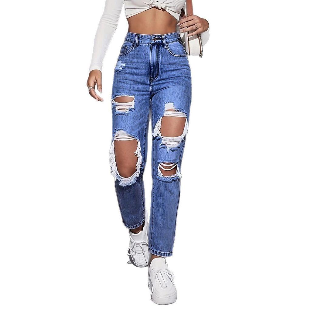 Women's 2024 Trendy High-Waist Washed Ripped Straight-Leg Jeans
