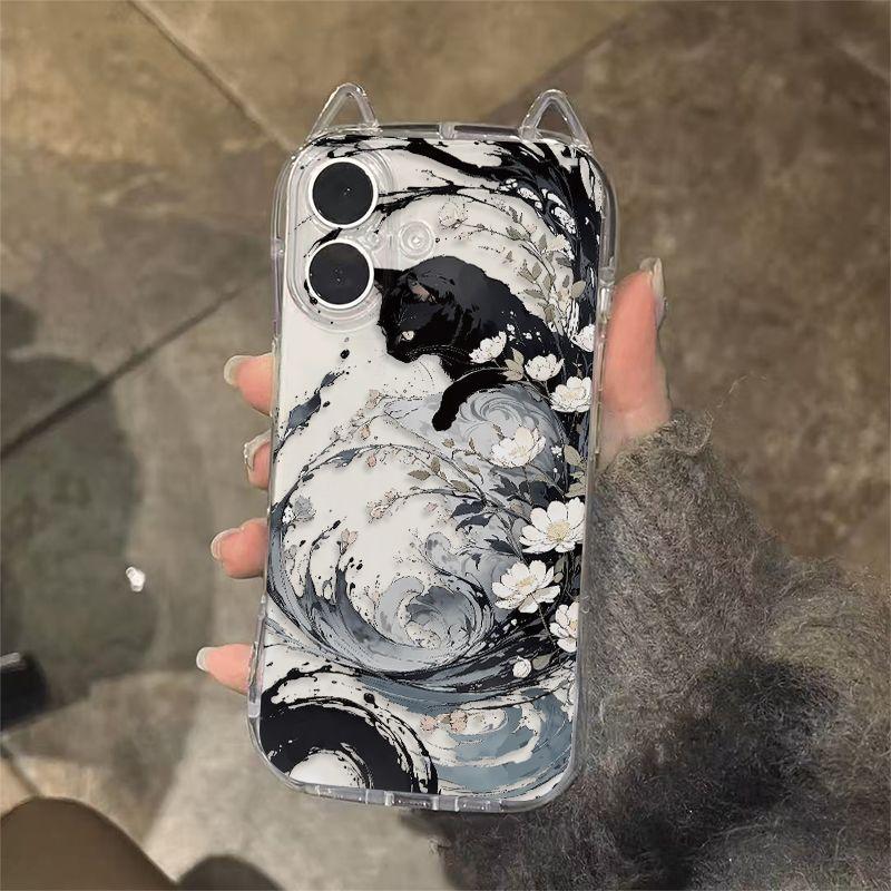Black Cat Ink Painting Phone Case For iPhone 17 16 15 14 13 12 11 Pro Max XR XS MAX 7 8 PLUS INS Cat Ears Transparent Cover