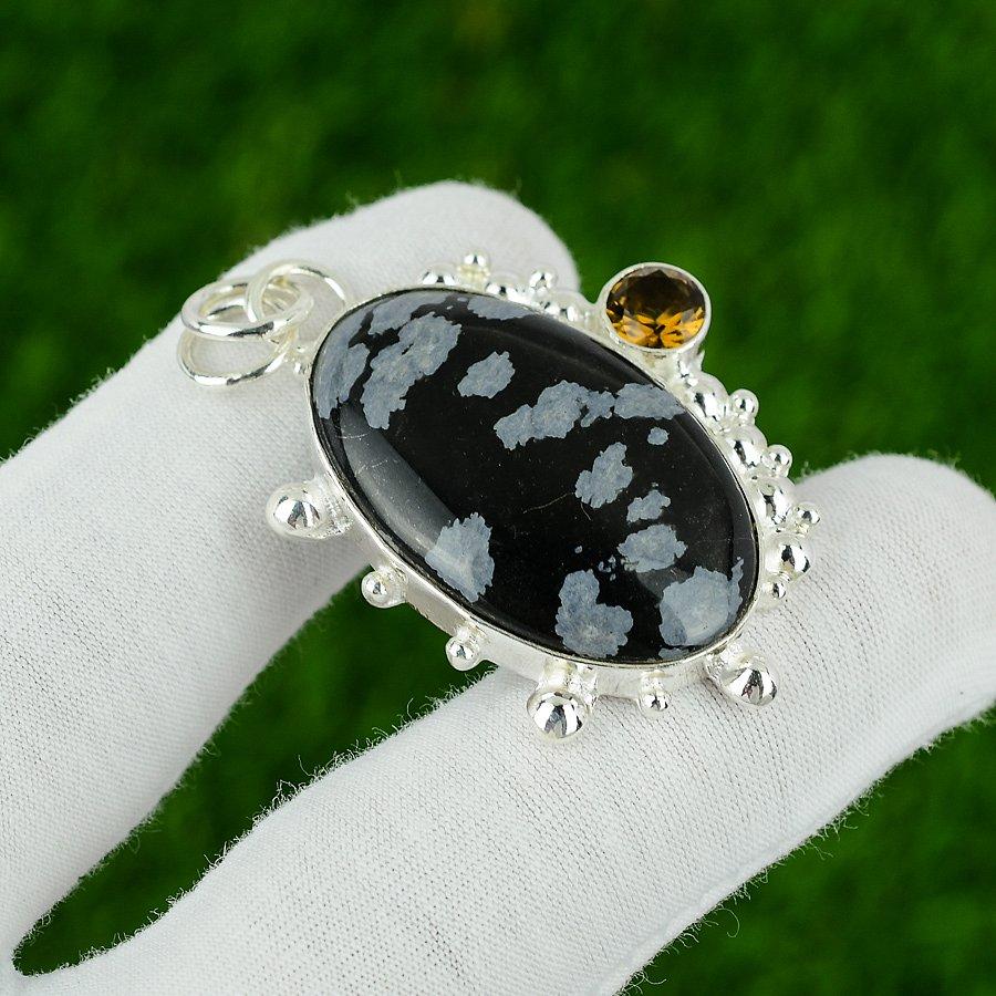 Natural Snoflake Obsidian Gemstone Pendant Black 925 Sterling Silver Jewelry