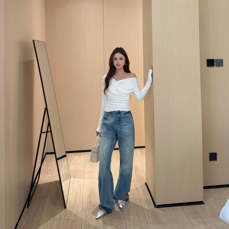 American retro simple jeans men's and women's high street versatile design sense washed and old straight trousers trendy brand