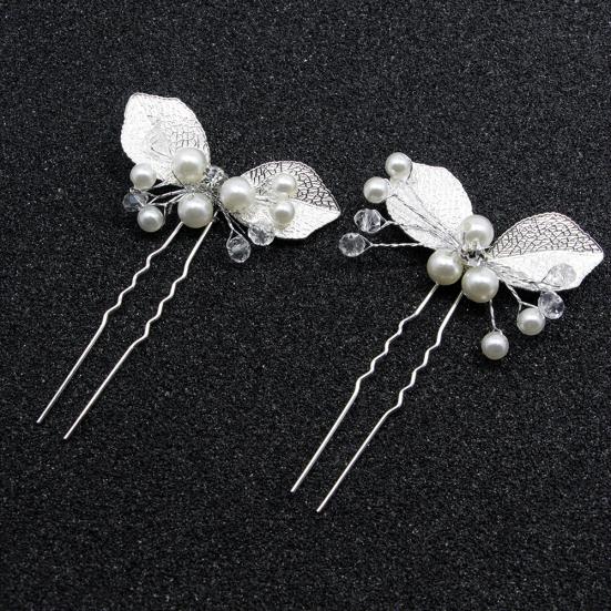 Bridal Wedding U Shape Leaf Rhinestone Faux Pearl Hair Stick Hairpins Gifts