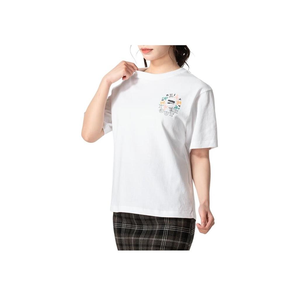 Puma Løping Fitness Utendørs Casual Trykk Rund Hals Genser Kortermet Drop Shoulder T-skjorte Dame Topper Hvit 626119-52