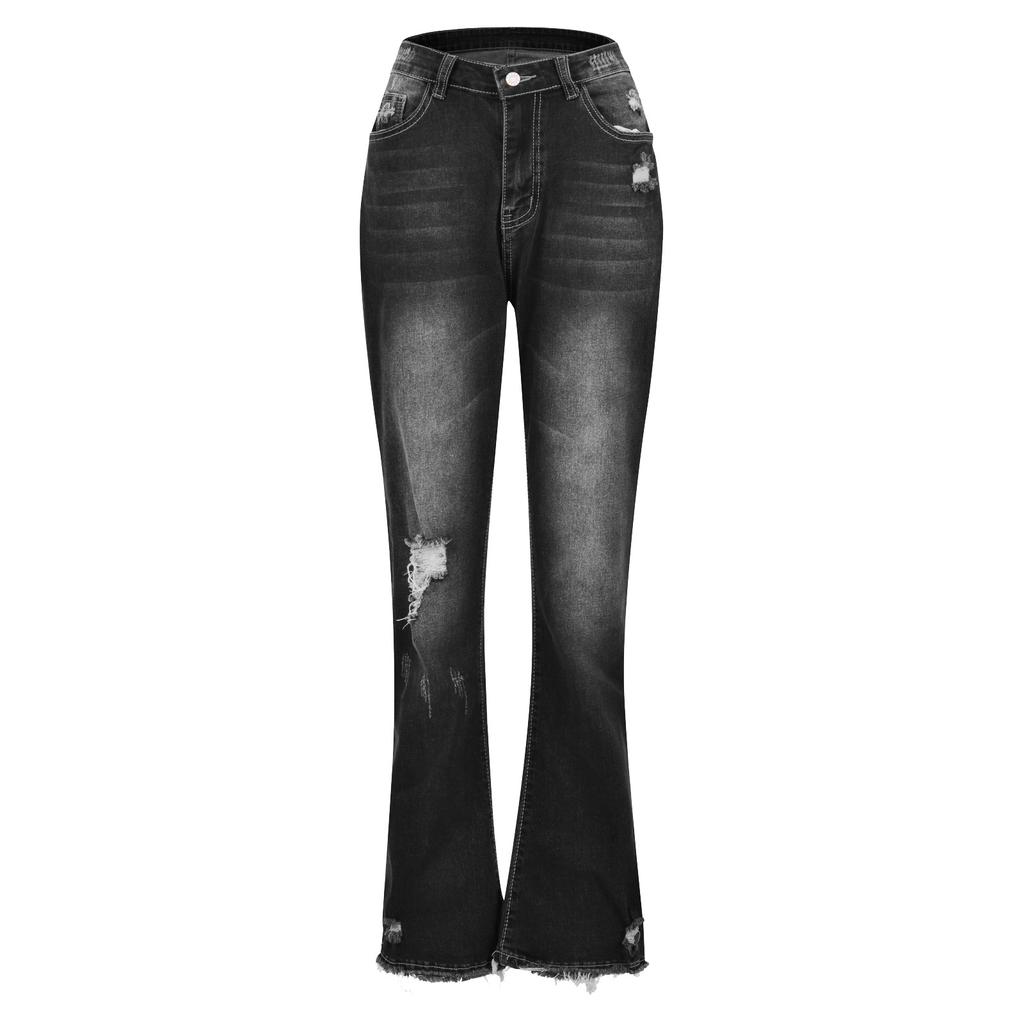 Women's New Fashion Hole High Waist Retro Elastic Slim Micro Flared Pants