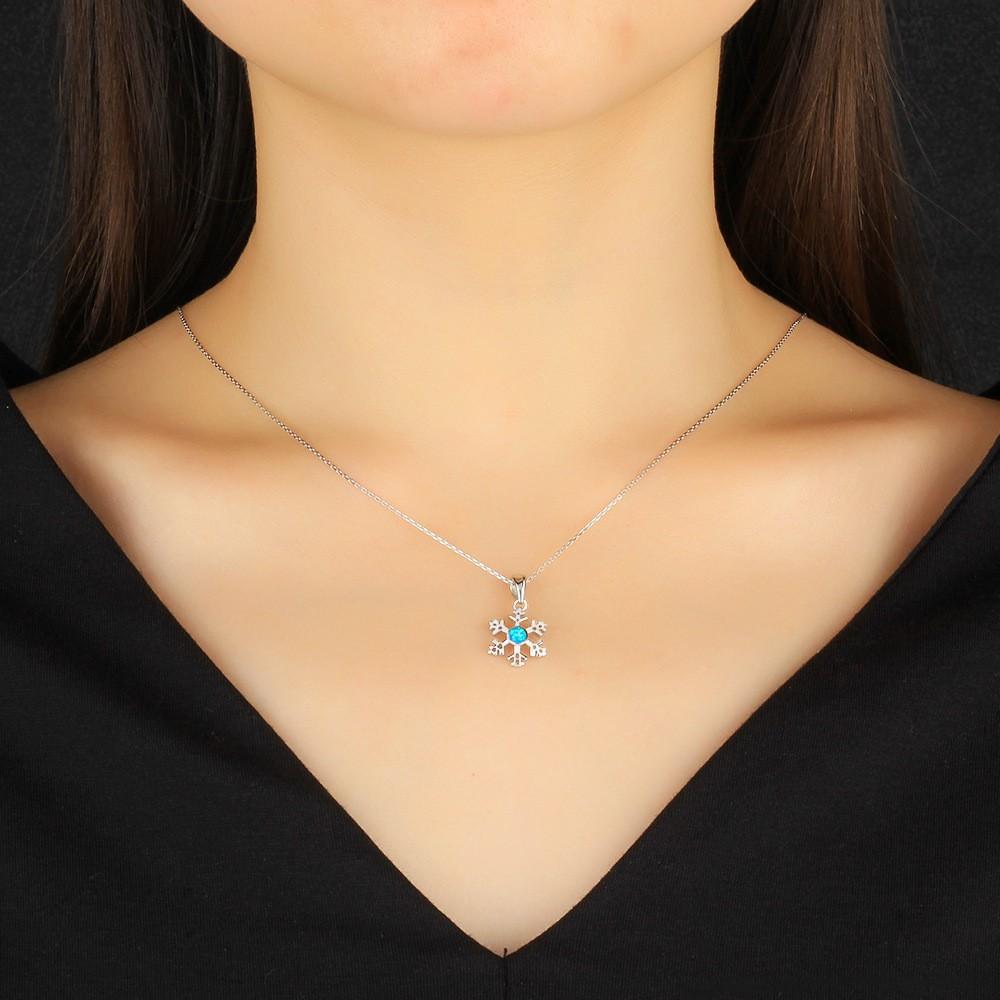 High Quality Genuine 925 Silver Christmas Snowflake Pendant Necklace Blue Opal Sweater Clavicle Chain