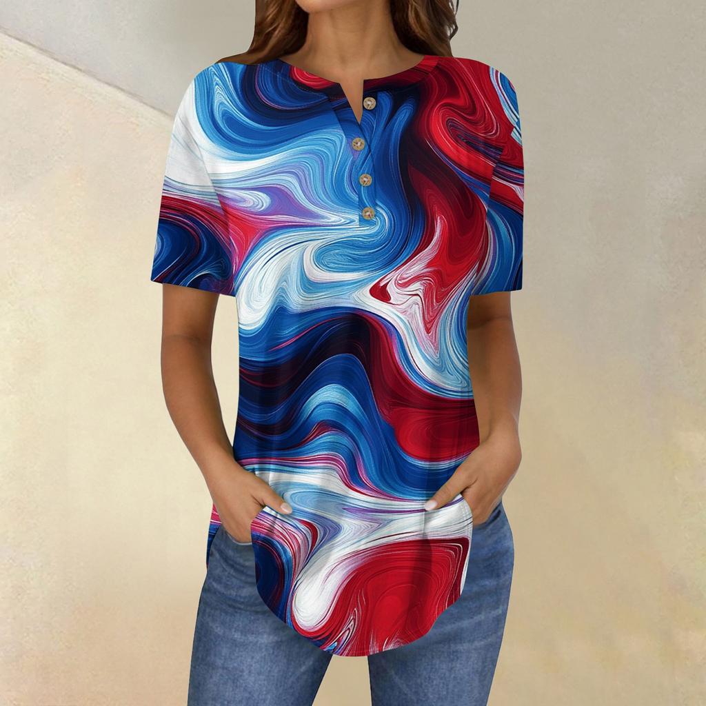 Short Sleeve Womens Tops Summer T-Shirts Print V Neck Casual Basic Tee Button Shirts Tunic Tops Independence Day