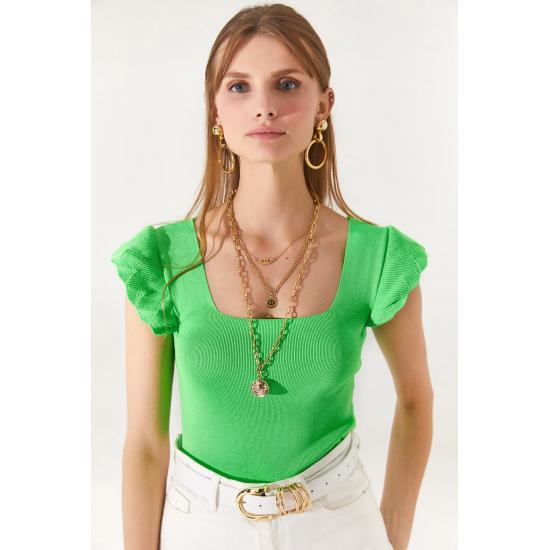 Women's Ecru Sleeve Frilly Square Collar Summer Knitwear Blouse