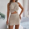 Women's Half Collar Pulllover Sweater Suit Solid Color Sleeveless Knit Skirts Two Piece Set