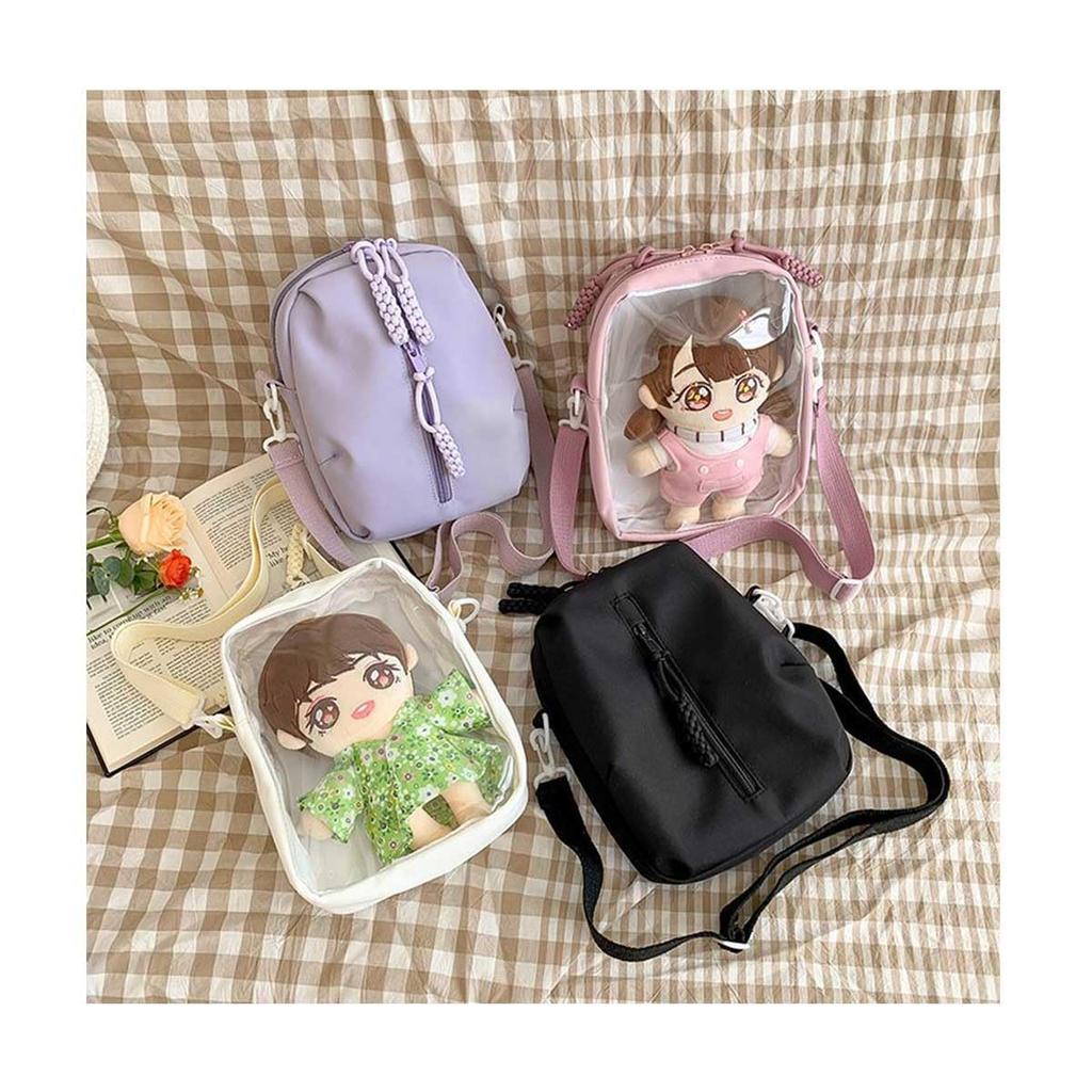 Bolsa Ita YQWIN, uma bolsa transparente pequena de 2 vias para pelúcias de 20cm. Perfeito como bolsa de ombro, nécessaire de pelúcia ou bolsa transversal. Perfeito para passeios, boneca