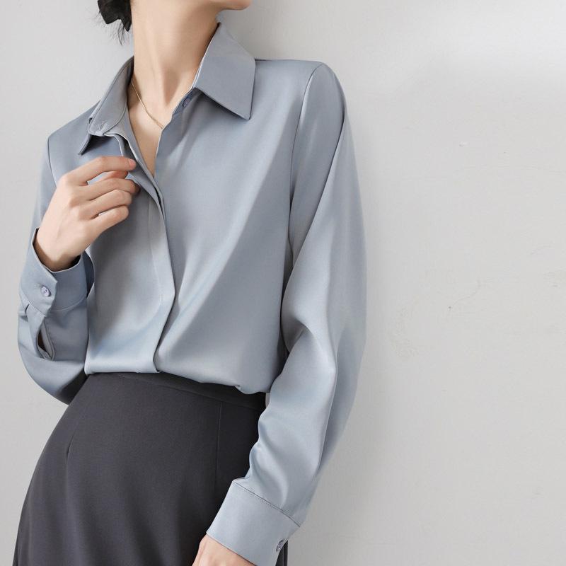 Women's Retro Satin Loose-Fit Long Sleeve Shirt - Hidden Placket, Hong Kong Style, Light Luxury for Spring & Autumn