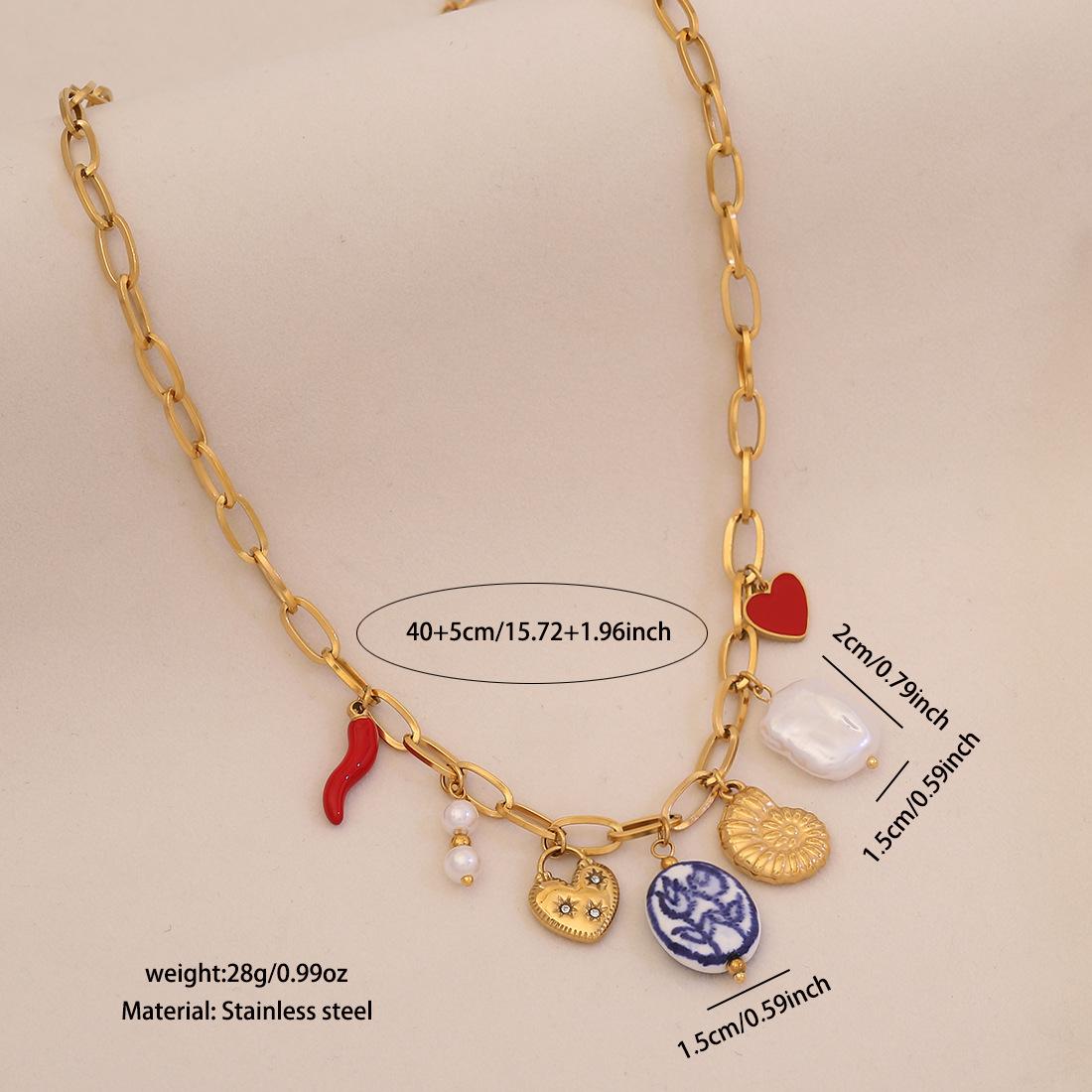 Euro-American style red chili heart faux pearl trendy jewelry new design stainless steel necklace