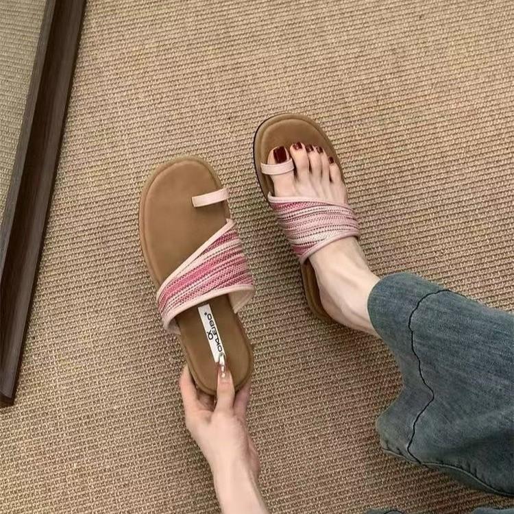 Flat-bottomed Toe French Sandals Fairy Wind Wear 2025 Summer Vintage Woven Seaside Roman Beach Slippers