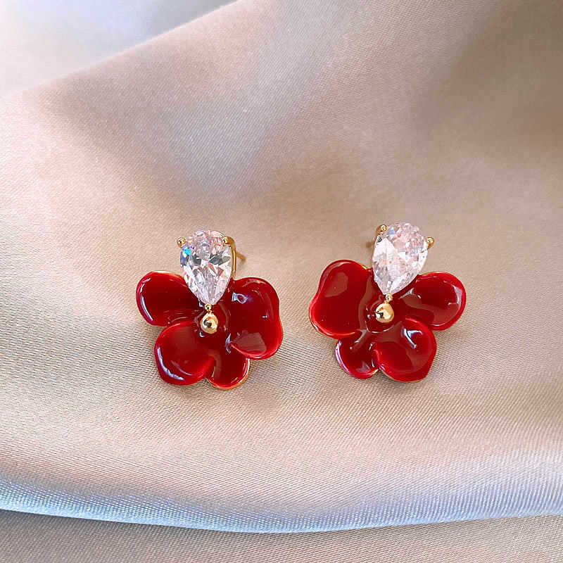 Electroplated zircon dripping oil flower earrings retro temperament earrings Ankola red earrings women