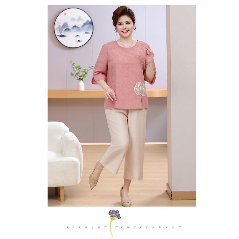 Summer Dress with Three-quarter Sleeves Plus Fat for Middle-aged and Elderly People New Chinese Style National Style Embroidery