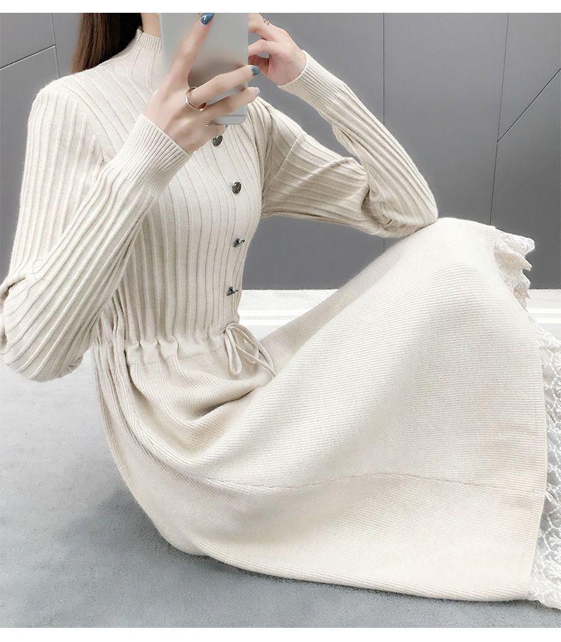Women's Mid-Length Velvet Thick Knit Dress, Lace Loose Half-High Neck, Autumn/Winter 2025 Collection