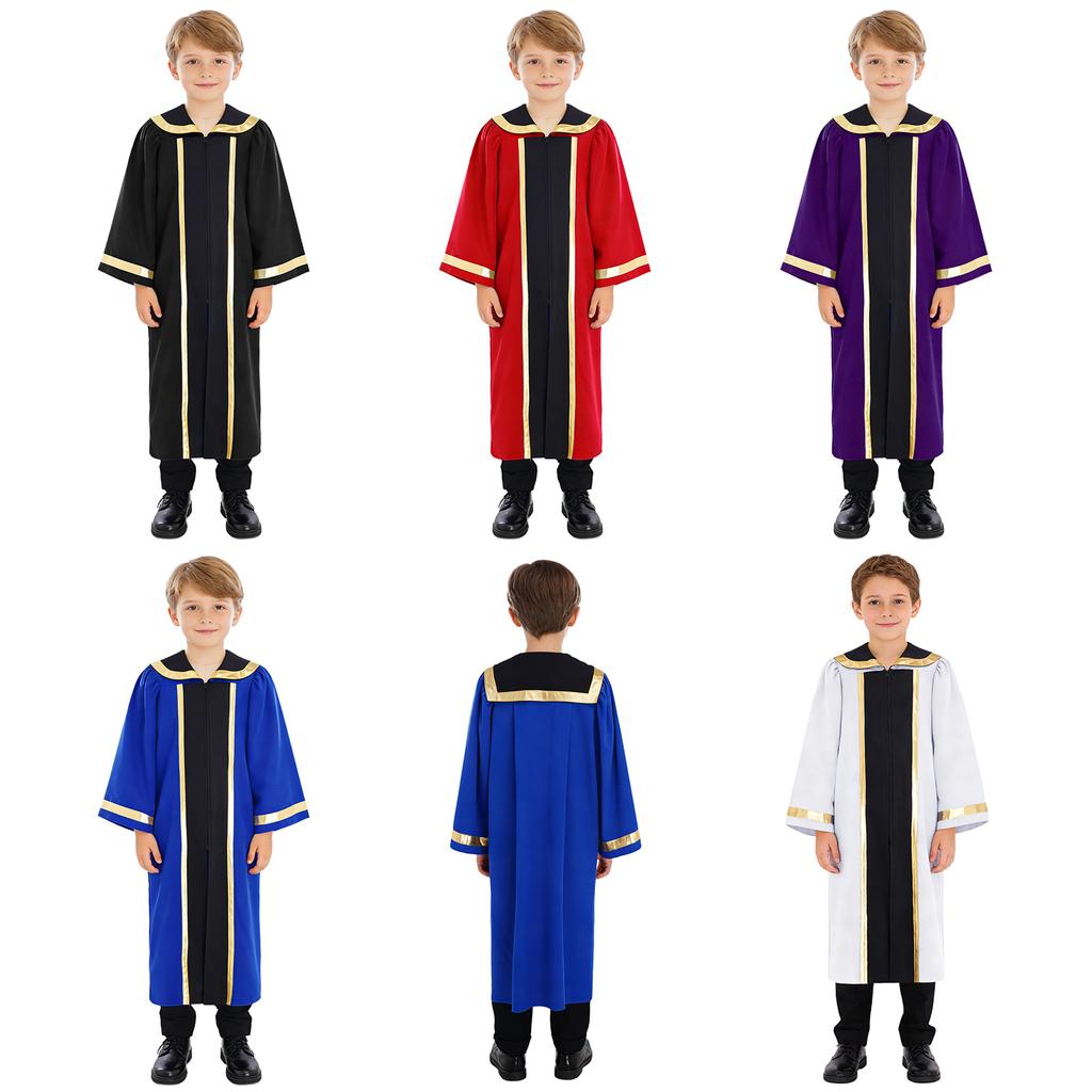 Halloween Cosplay Choir Gown for Kids Turn Down Collar Long Sleeve Front Zipper Metallic Color Block Trim Party Robe
