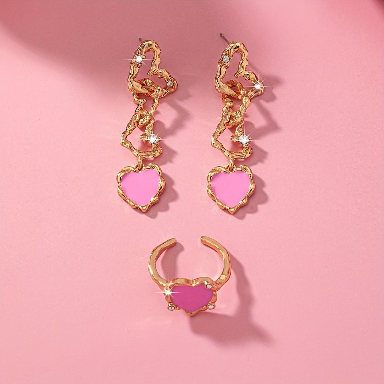 

Three light pink peach heart earrings, ring set with zircon lines hollow love splicing niche design