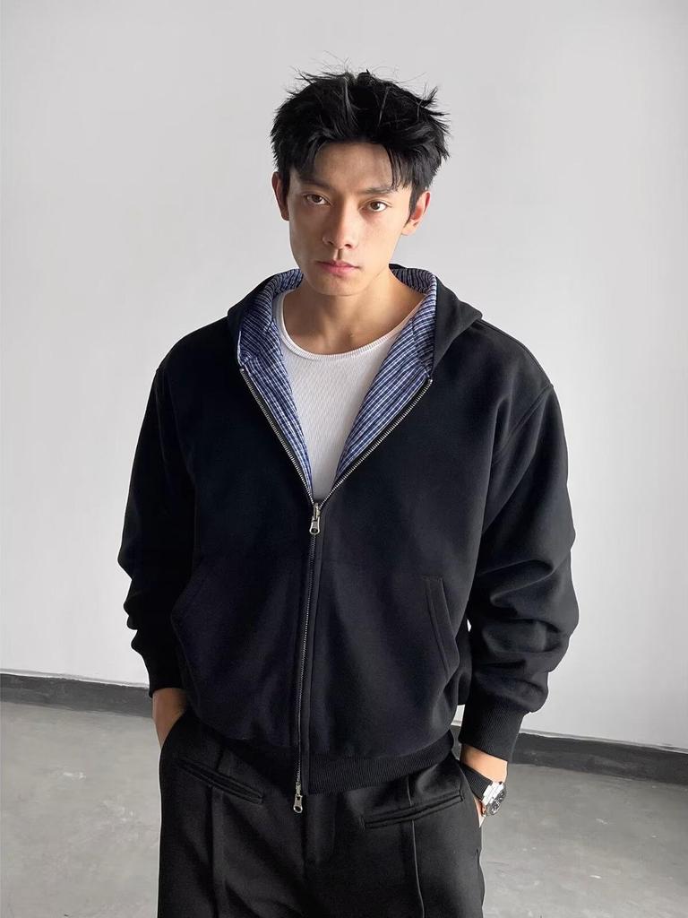 Herren Karierter Patchwork Cardigan Sweatshirt - Herbst/Winter Doppelseitig Locker Geschnittene Vielseitige Jacke