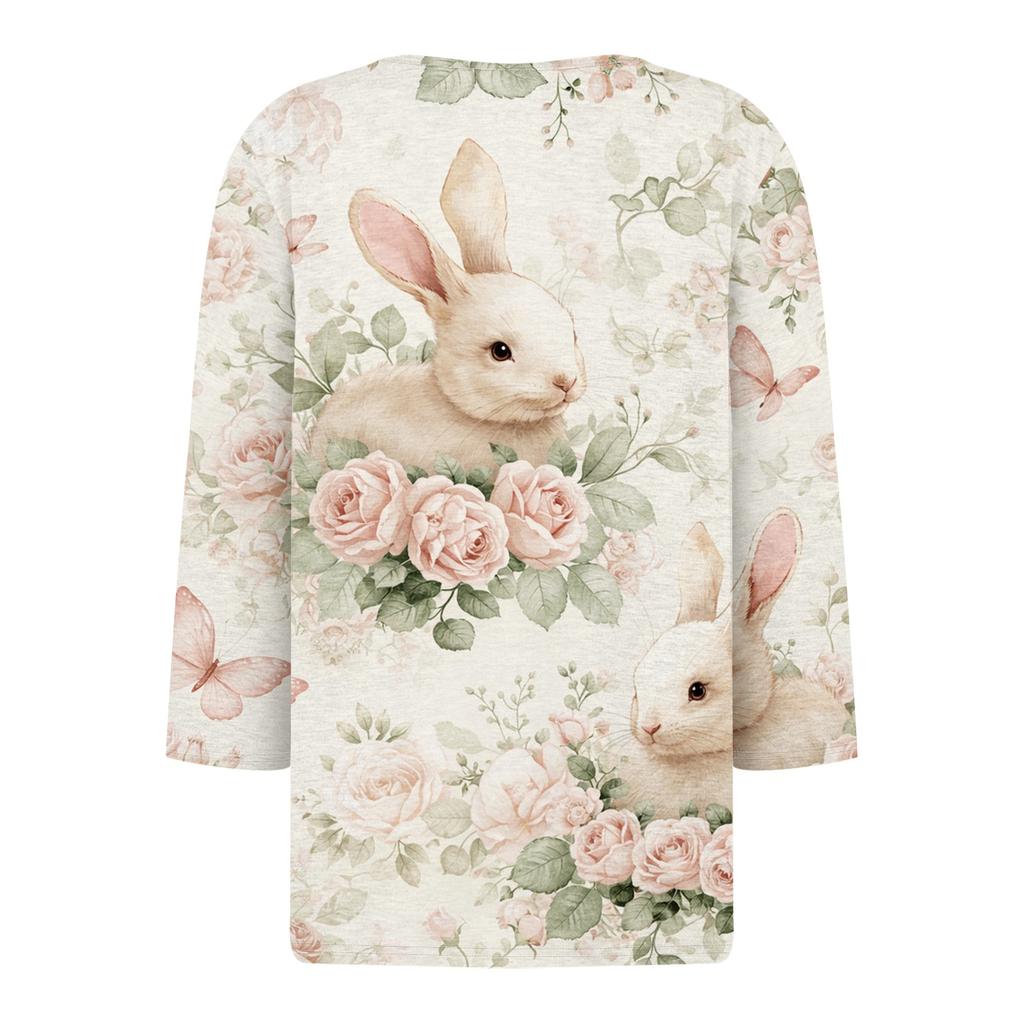 Women's Fashion Casual Easter Printed V-neck Short Sleeve Decorative Button Seven Sleeve T-shirt Top