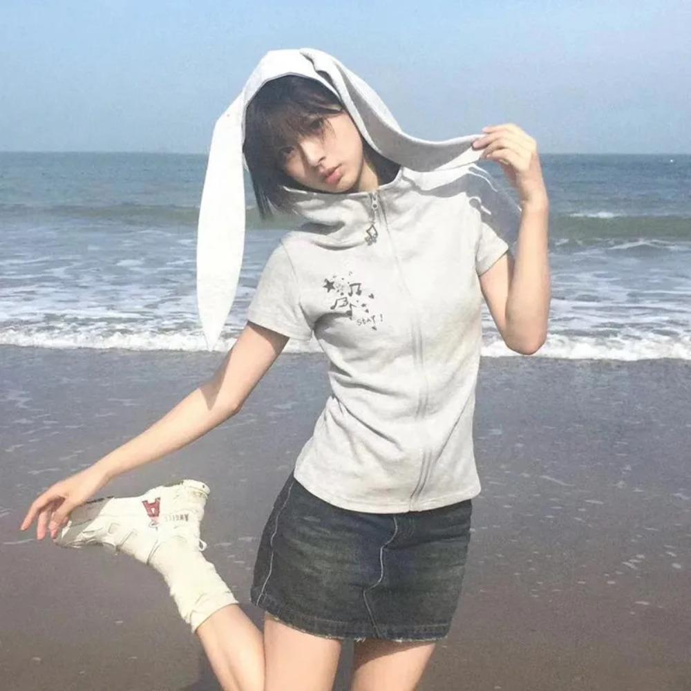 VAYLA Y2k Hooded T-shirt Vintage 2000s Style Rabbit Ears Zipper Tops Harajuku Short Sleeve Thin Jacket Korean Popular