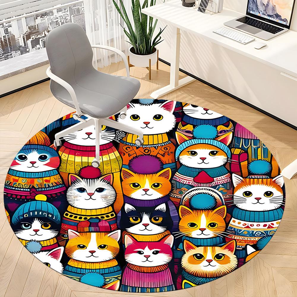 1pc Cat Winter Office Round Area Rug, Mat Suitable For Office, Under Office Chairs Bedroom Living Room Home Decor, Room Deco