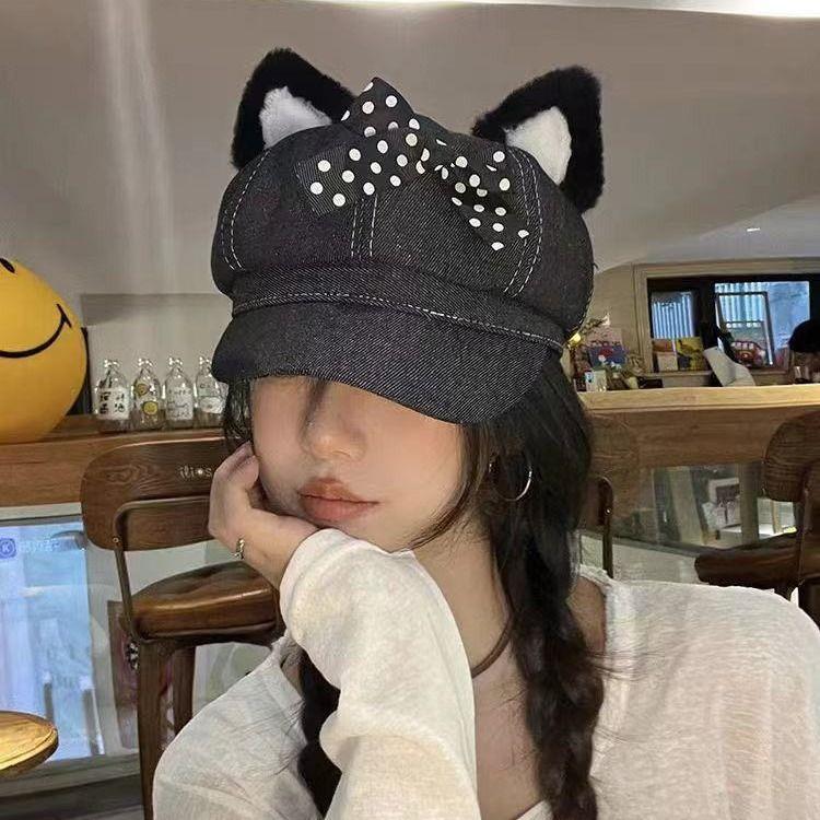 Y2K Millennium Katzenohren Schiebermütze - Coole Metallketten Baskenmütze für Damen