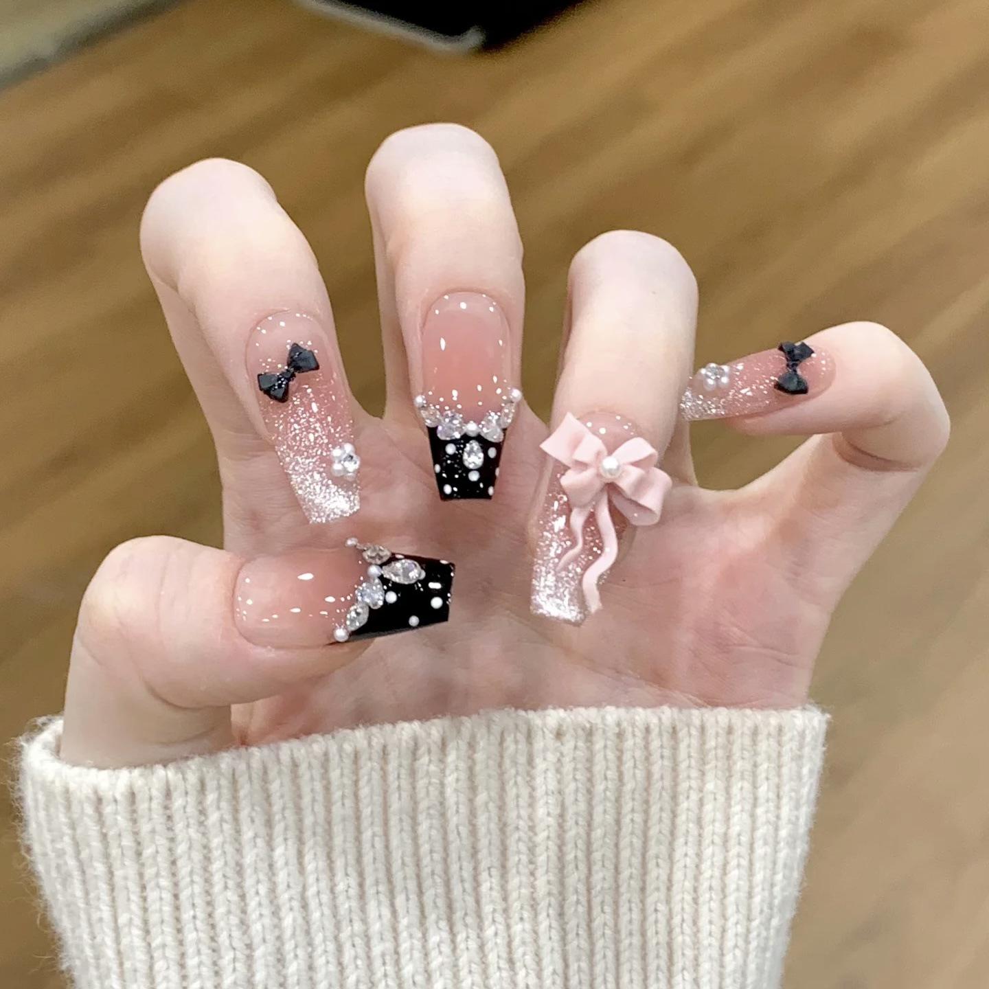 Black French Sweet Cat Eye Barbie Pearl Nail Art Standard