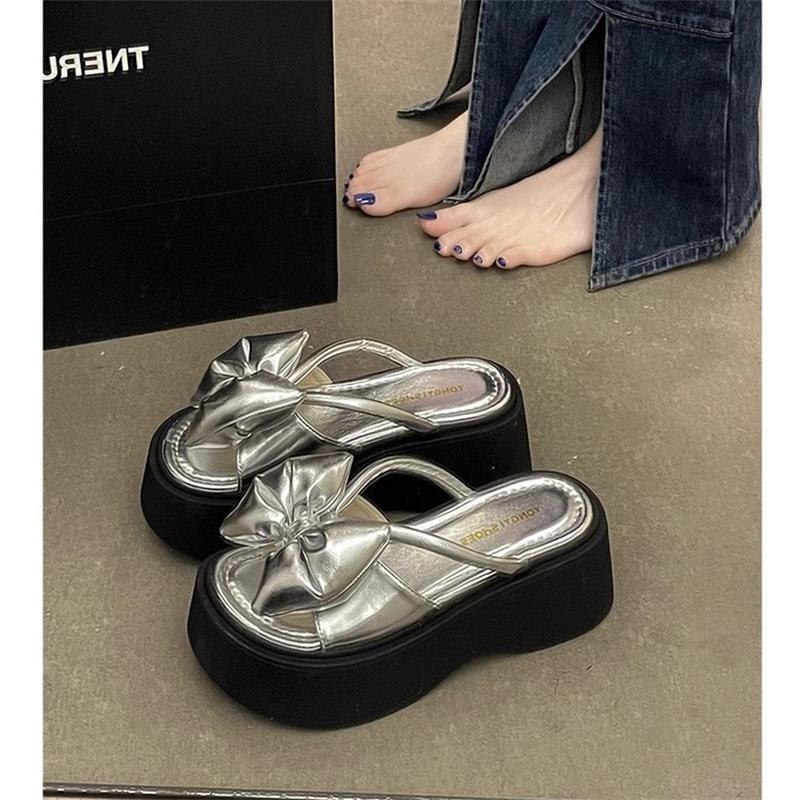 2025 Summer New Fairy Style Bow Gentle Platform Sandals Women Wear Fashionable Versatile One-word Cool Slippers