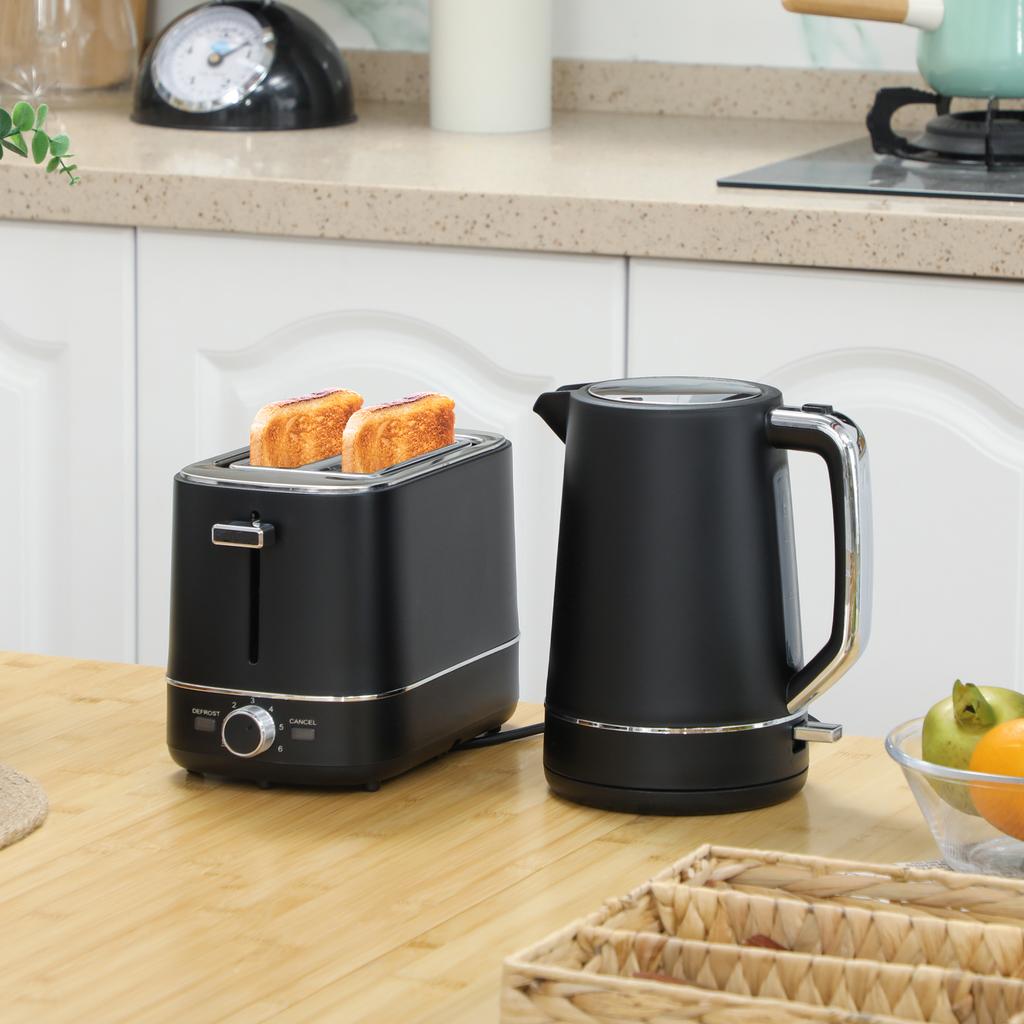 Set of 1.7 L Kettle and Toaster with 6 Browning Levels, Black/Steel
