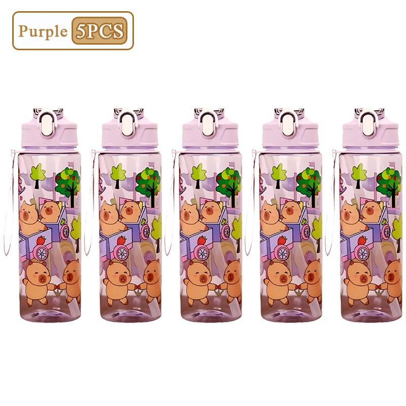 1/3/5/10PCS 750ML Capybara Straw Cup Cute Cartoon Water Bottle with Carry Strap Leakproof Portable Drinking Cup Kids Bottle