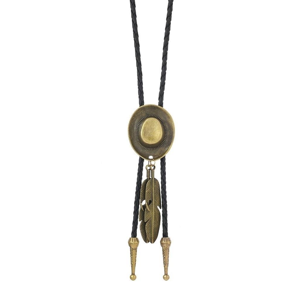 Vintage Western Cowboy Hat Necklace Unisex Metal Feather Necktie Long Pendant Chain Western Style