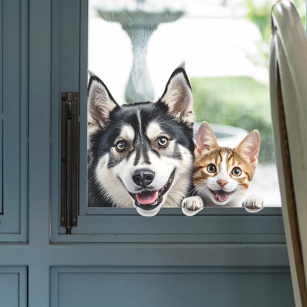 Samolepka s umělým zvířetem husky kotě vykukující sklo