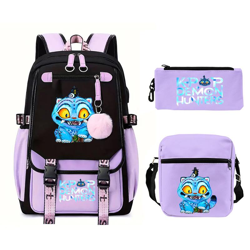 Kpop Trend Backpack Large Capacity Student School Bag Three-Piece Pencil Case Casual Shoulder Bag