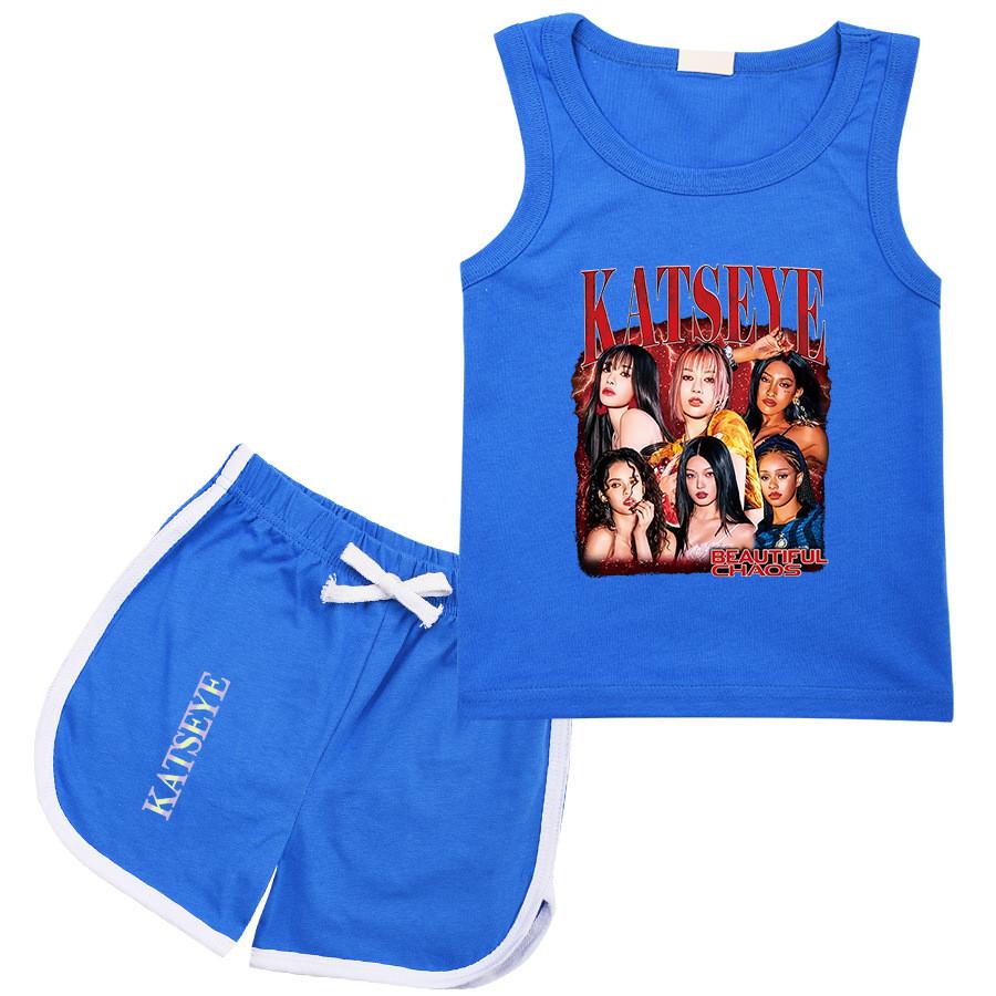 9198 Children Fashion Girls Singer Katseye Printed Sleeveless T-Shirt Tank Top Shorts Clothes Set