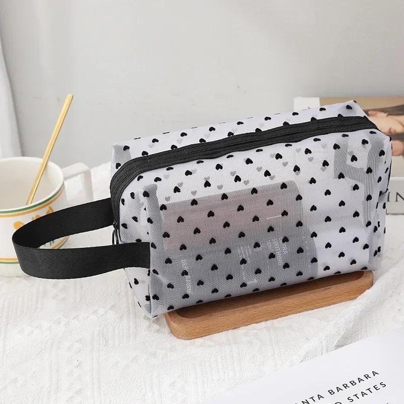 Women Cosmetic Pouch Toilet Storage Bag Ladies Toiletry Lipstick Key Coin Organizer Bags Purse Heart Transparent Mesh Makeup Bag