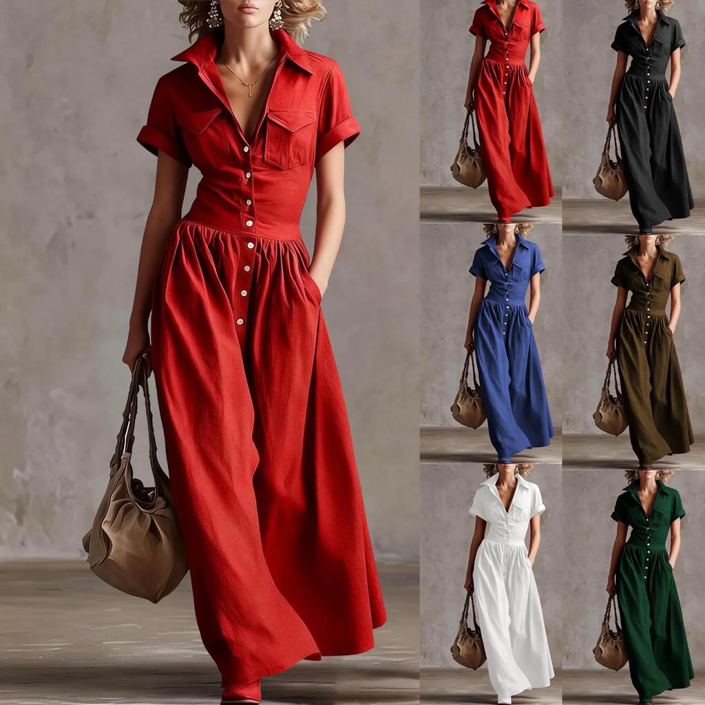 Camicia da Donna a Maniche Corte alla Moda Retro a Vita con Revers Stile Western Colore Unito Estiva Abito Lungo Elegante a Linea ad A
