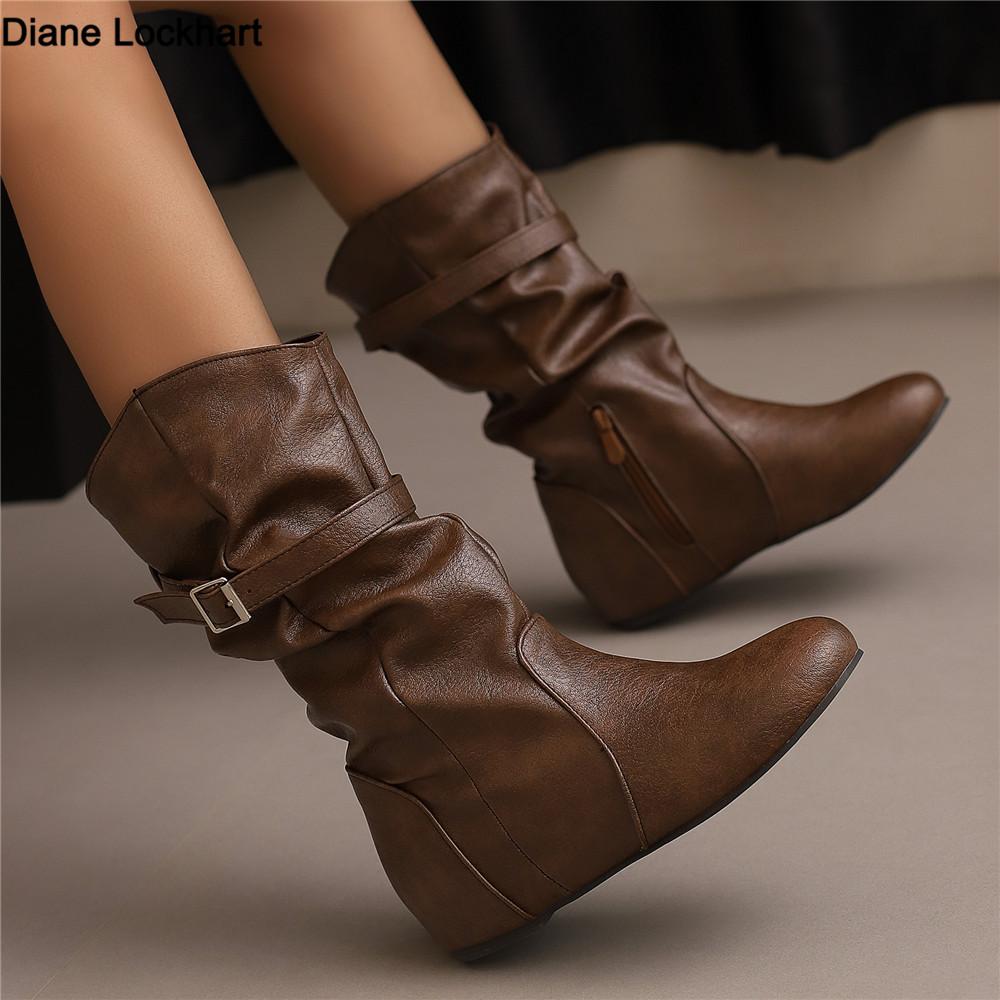 Fashion Women Mid-Calf Boots PU Pleated Boots Female Round Toe Shoes Concise Height Increasing Flat Shoes Autumn Winter Size 34-50