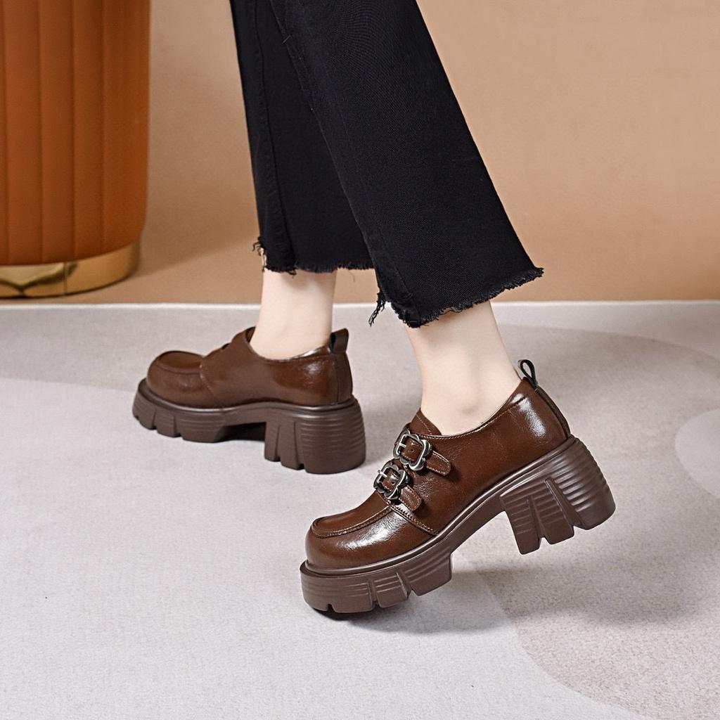 Platform shoes women's spring new double-breasted round head muffin shoes college style one-pedal women's single shoes