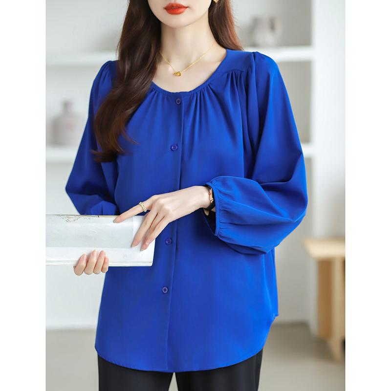 New Fashion Lantern Sleeve Loose Casual Blouse Women Single Breasted Elegant Solid Vintage Shirts Women Tops Round Neck Plus Size Ladies Blouses 26335