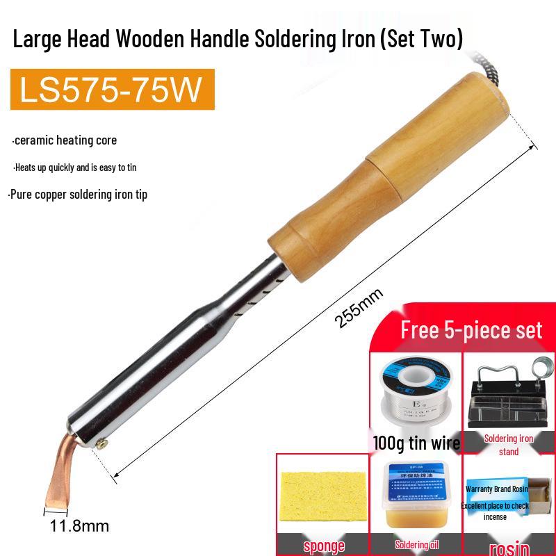 High-Power Wood Handle Soldering Iron with Bent Flat Copper Tip - 100W to 300W
