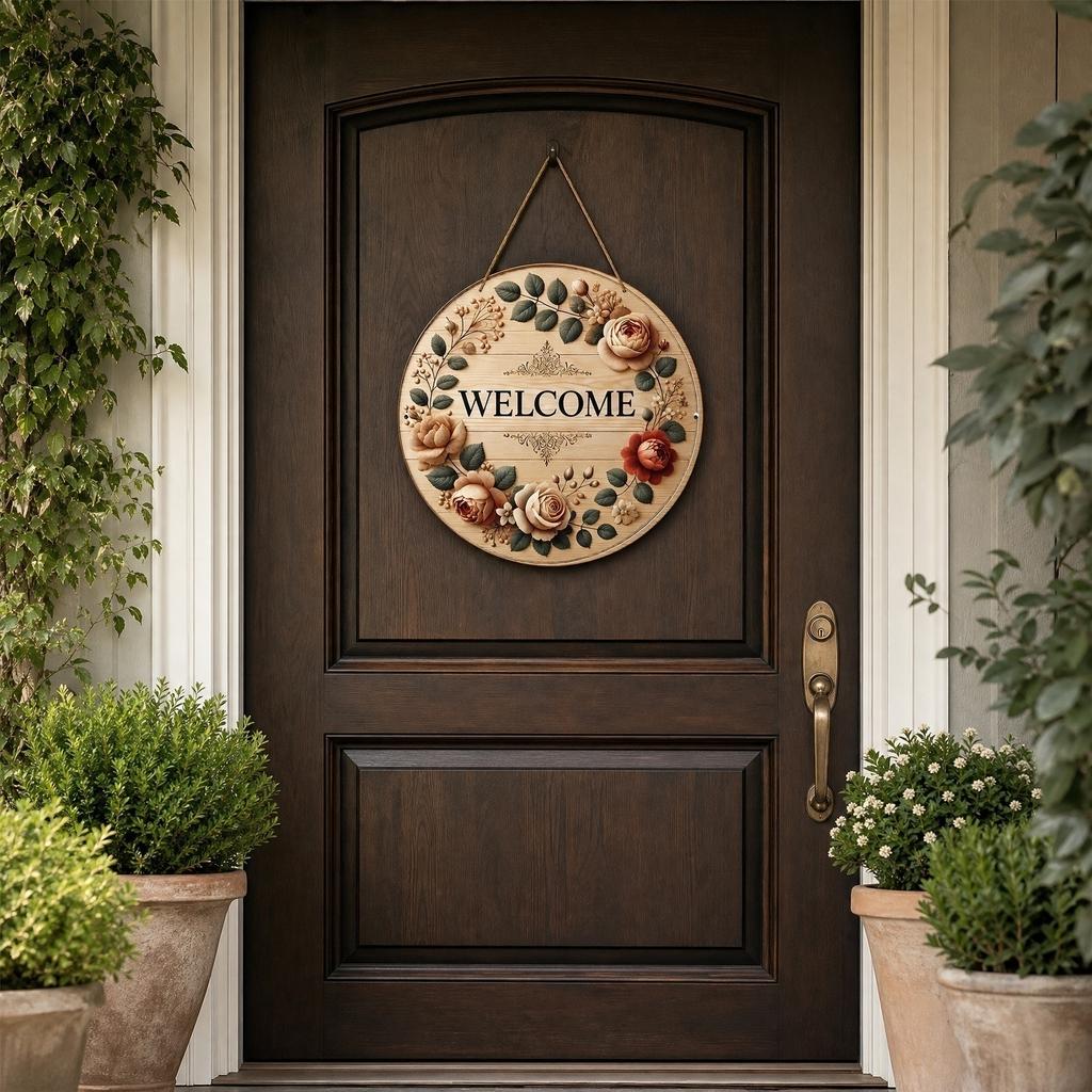 Christmas Wreath Welcome Sign, Round Door Hanger Decoration, Holiday Party Decor for Front Door or Wall, Rustic
