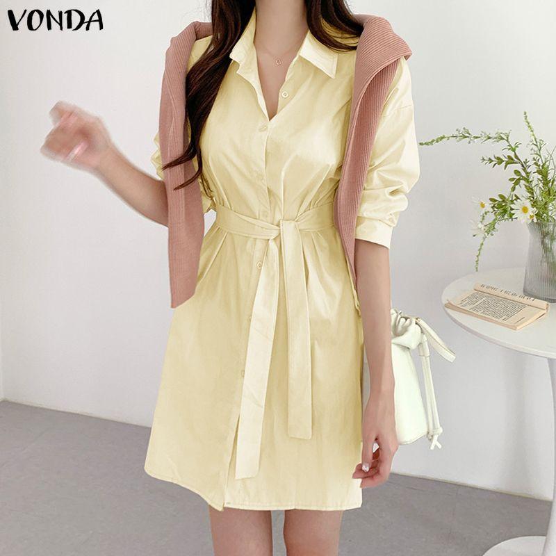 VONDA Damska Mini Sukienka Koszulowa Casual z Kołnierzykiem, Zapinana na Guziki, z Paskiem, Jednolita