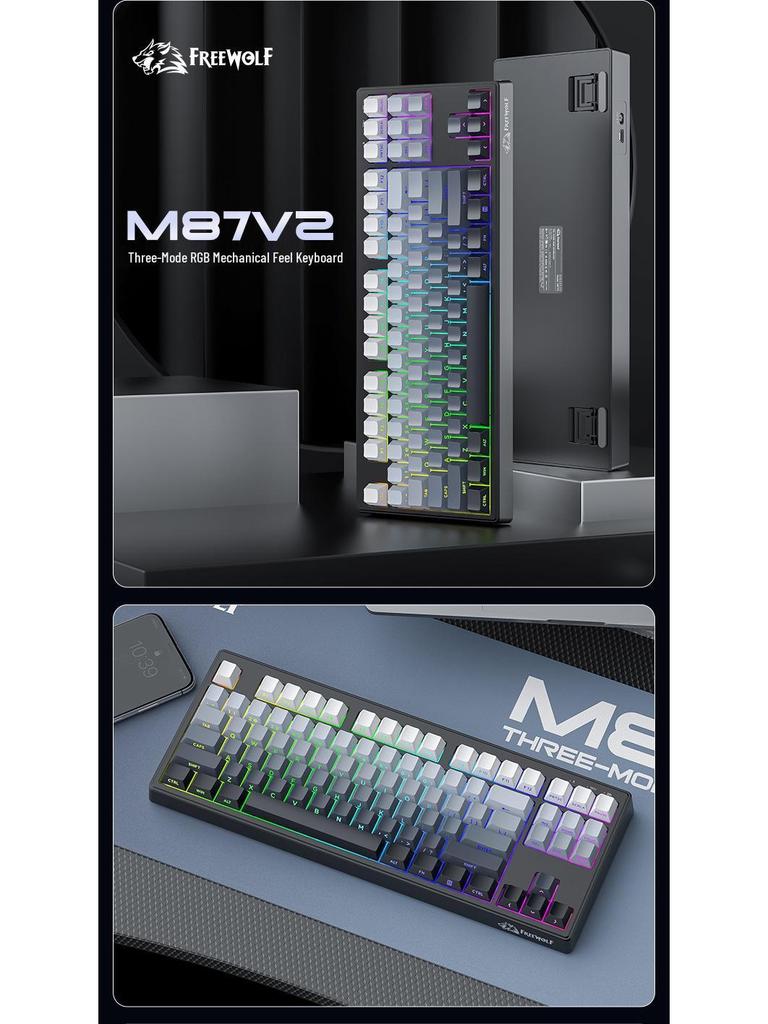 Free Wolf M87V2 Wireless RGB Mechanical Feel Keyboard with PBT Side-Printed Keycaps and Bluetooth Connectivity