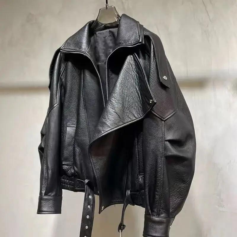 Jaqueta Feminina de Couro PU Oversized Outono Primavera Manga Longa com Zíper Luxuosa Designer Retro Roupas Chique Street locomotive Roupa Exterior