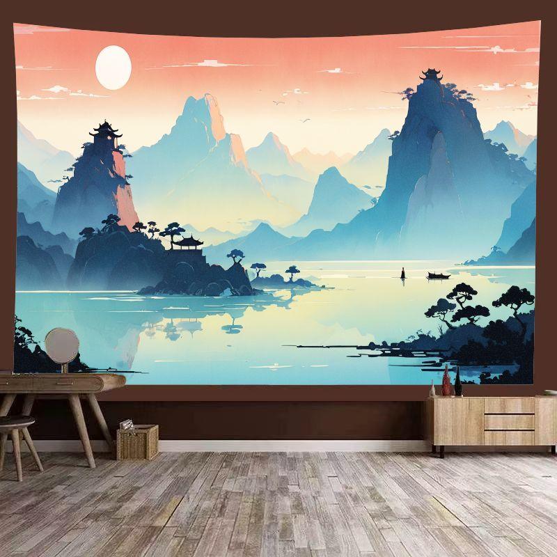 New Chinese Ink Painting Green Mountain Lonely Boat Mist Landscape Tapestry Tea Room Chinese Wall Decoration