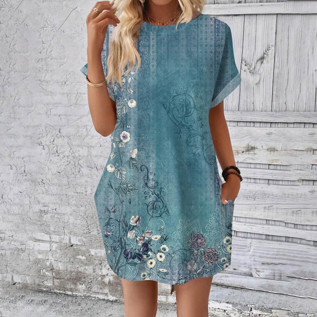 Rochie tricou lungă medie, la modă pentru femei, cu mâneci scurte, cu imprimeu de vară