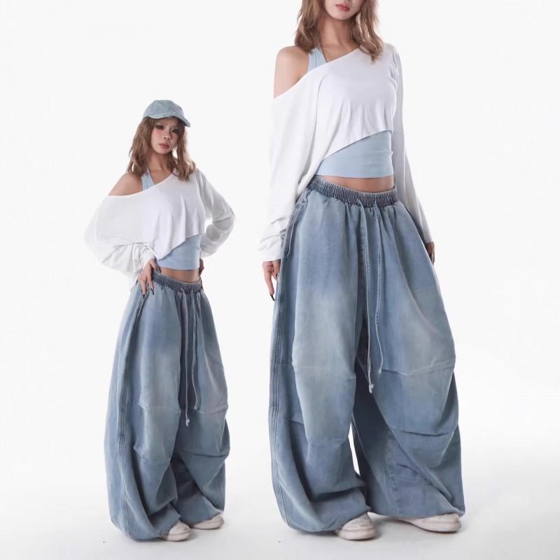 Womens High-Waisted Wide Leg Jogger Pants Loose Fit Street Style Cotton Blend Casual Trousers