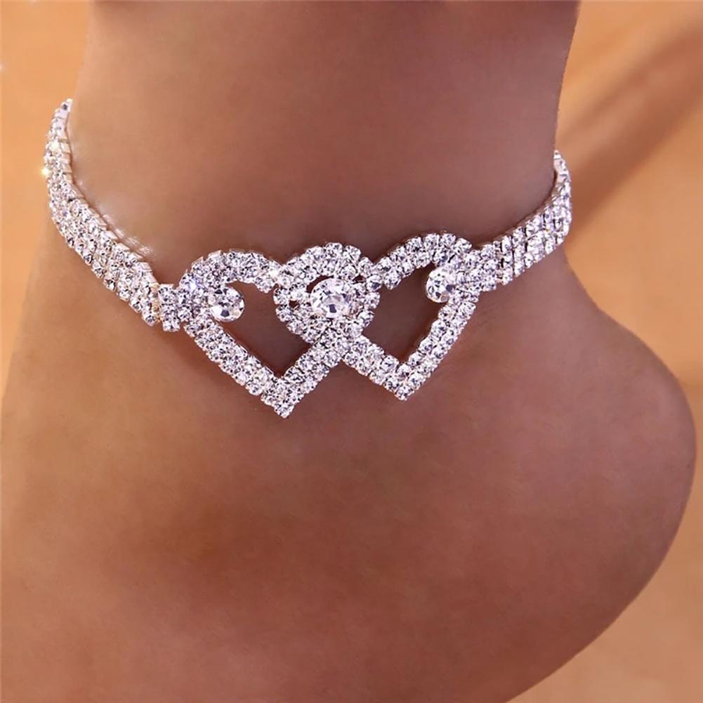 Women Luxury Double Heart Rhinestone Anklets Bracelet Fashion Beach Barefoot Foot Chain Jewelry Gifts For Girls