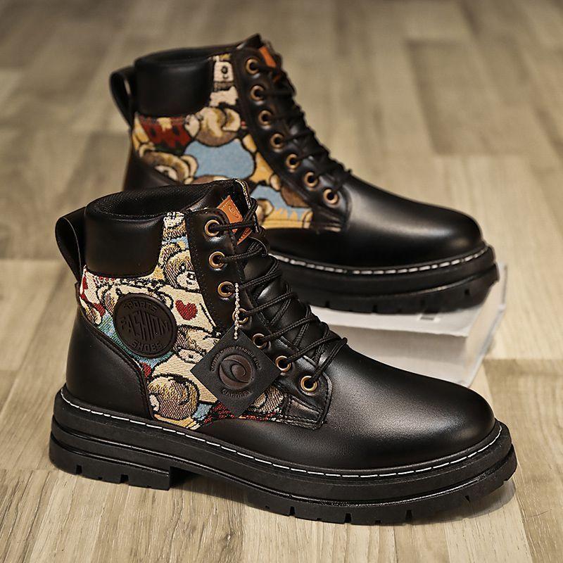 British Style 2026 New Youth High Top Printed Patchwork Workwear Leather Boots Men's Spring Autumn Outdoor Casual Shoes